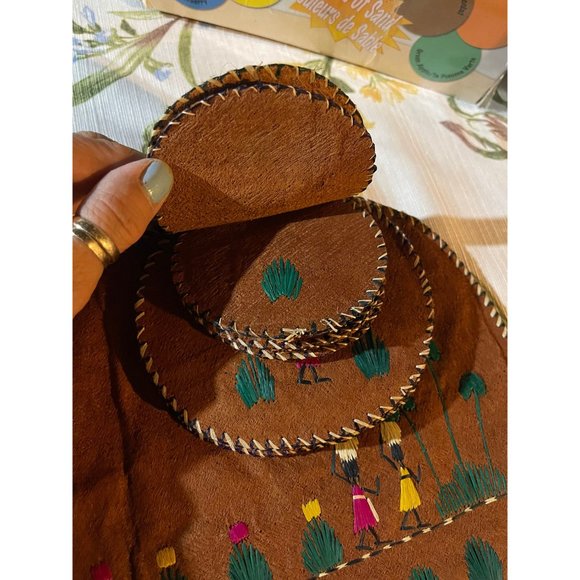 Vintage African Coconut Husk Coasters/Mat Embroidered Needle Point - Picture 4 of 4